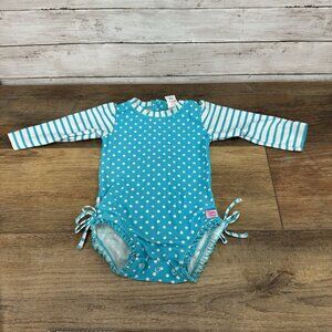 Ruffle Butts Infant Girl Teal Swimsuit Polka Dot Long Sleeve Rash Guard 12-18